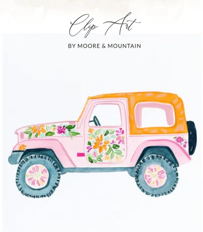 Preppy Painterly SVG, Hand Painted Floral Jeep PNG Clipart, Gouache Style Illustration, Watercolor Preppy Graphic, Digital Download, Trendy