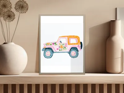 Pink Jeep Wrangler with floral pattern on framed art.