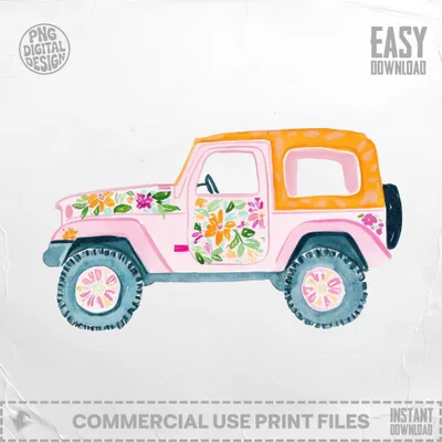 Pink watercolor jeep with floral accents and orange top.