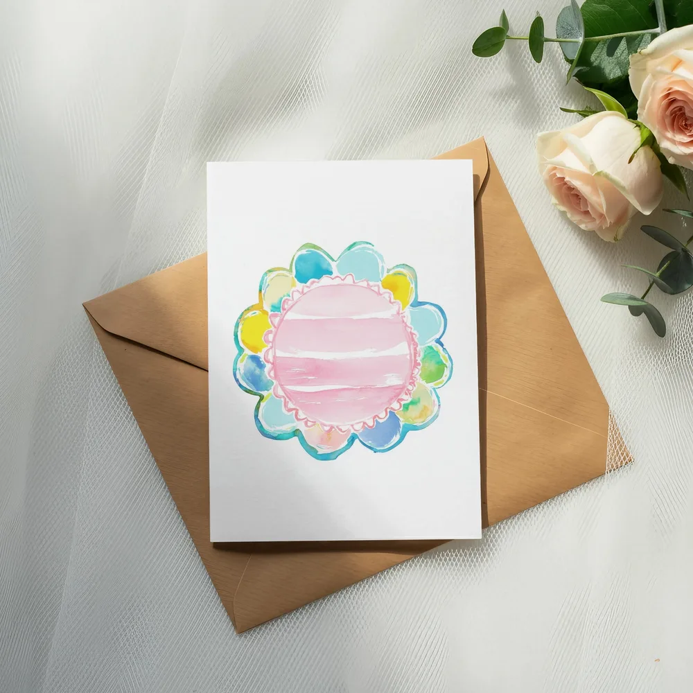 Watercolor card with floral border sits on a brown envelope.