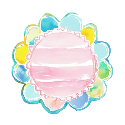 Watercolor flower frame with pink center and pastel colored petals.
