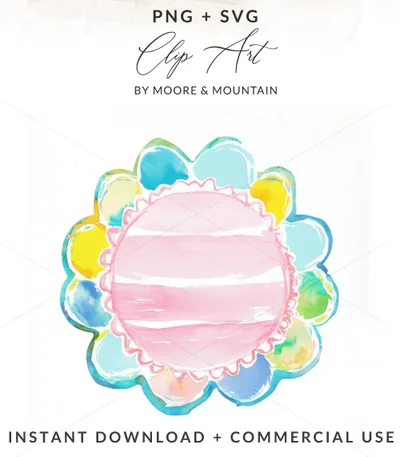 Floral watercolor clip art with pink center and colorful petals, "Clip Art".