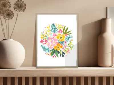 Framed colorful floral illustration with pink, yellow, and orange flowers.