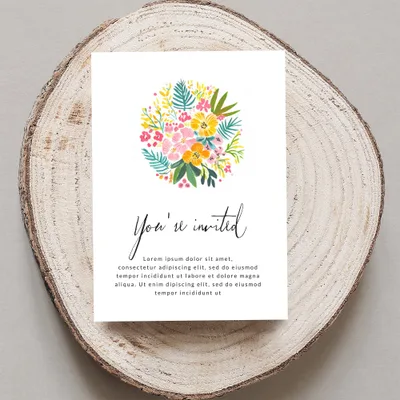 Invitation with floral design and "You're invited" text.