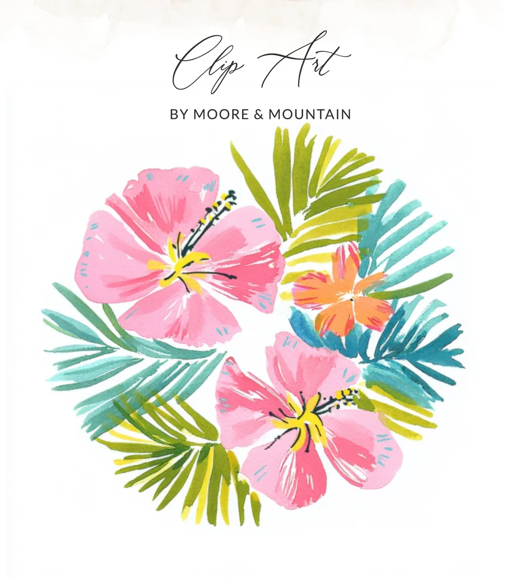 Pink and orange hibiscus flowers with green palm leaves, titled "Clip Art".