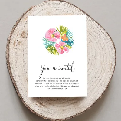 Floral invitation card with "You're invited" text and placeholder content.