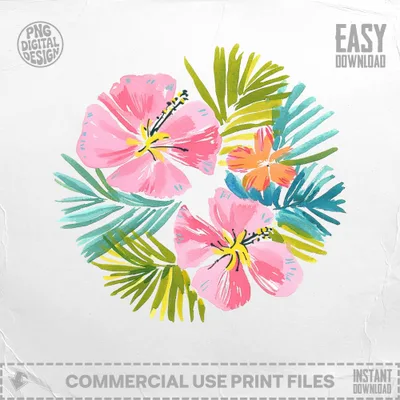 Pink and orange hibiscus flowers with green palm leaves in a circular arrangement.