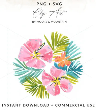 Pink hibiscus flowers and green palm fronds, PNG + SVG.