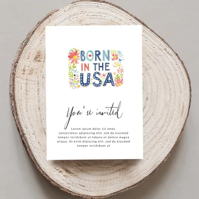 Invitation card with "BORN IN THE USA" and "You're invited" text.