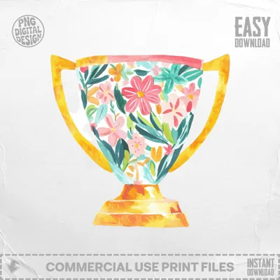 Golden trophy filled with colorful watercolor floral pattern.