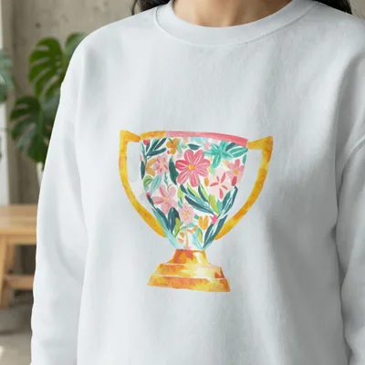 White sweatshirt with a watercolor trophy design filled with colorful flowers.