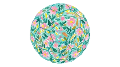 Soccer ball with a colorful floral pattern on a white background.
