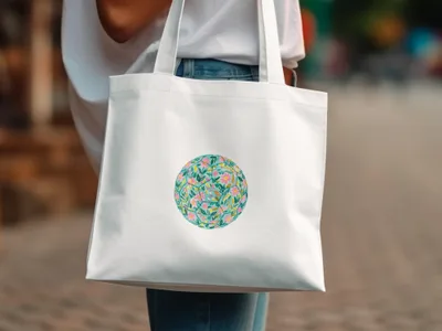 White tote bag with a circular floral pattern.