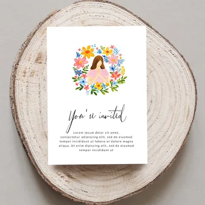 "You're invited" card with floral border and lorem ipsum text.