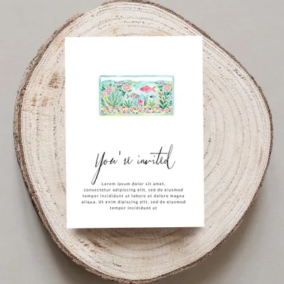 Invitation with "You've invited" text and a watercolor aquarium illustration.