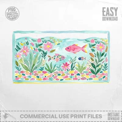 Watercolor aquarium with pink fish, plants, and colorful pebbles.