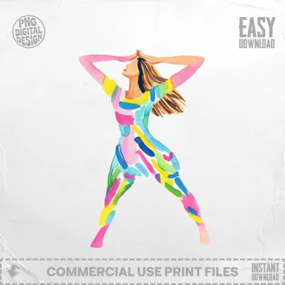 Abstract watercolor dancer in colorful brushstrokes, hands above head.