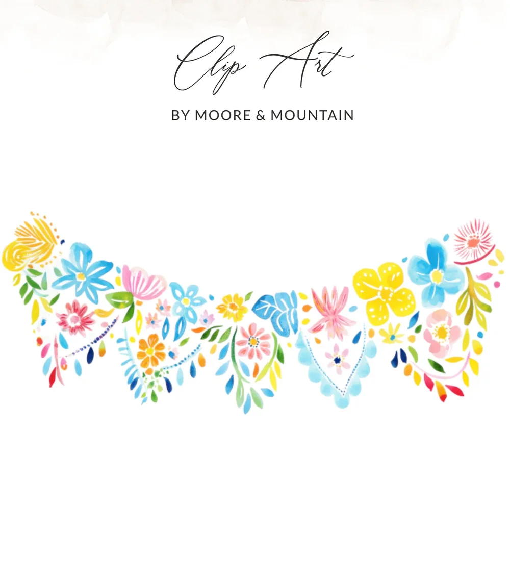 Watercolor floral garland with "Clip Art by Moore & Mountain" text.