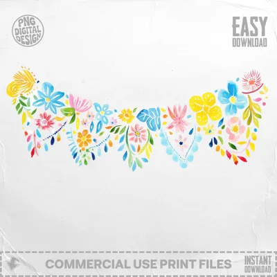 Watercolor floral garland with colorful flowers and leaves, "EASY DOWNLOAD" text.