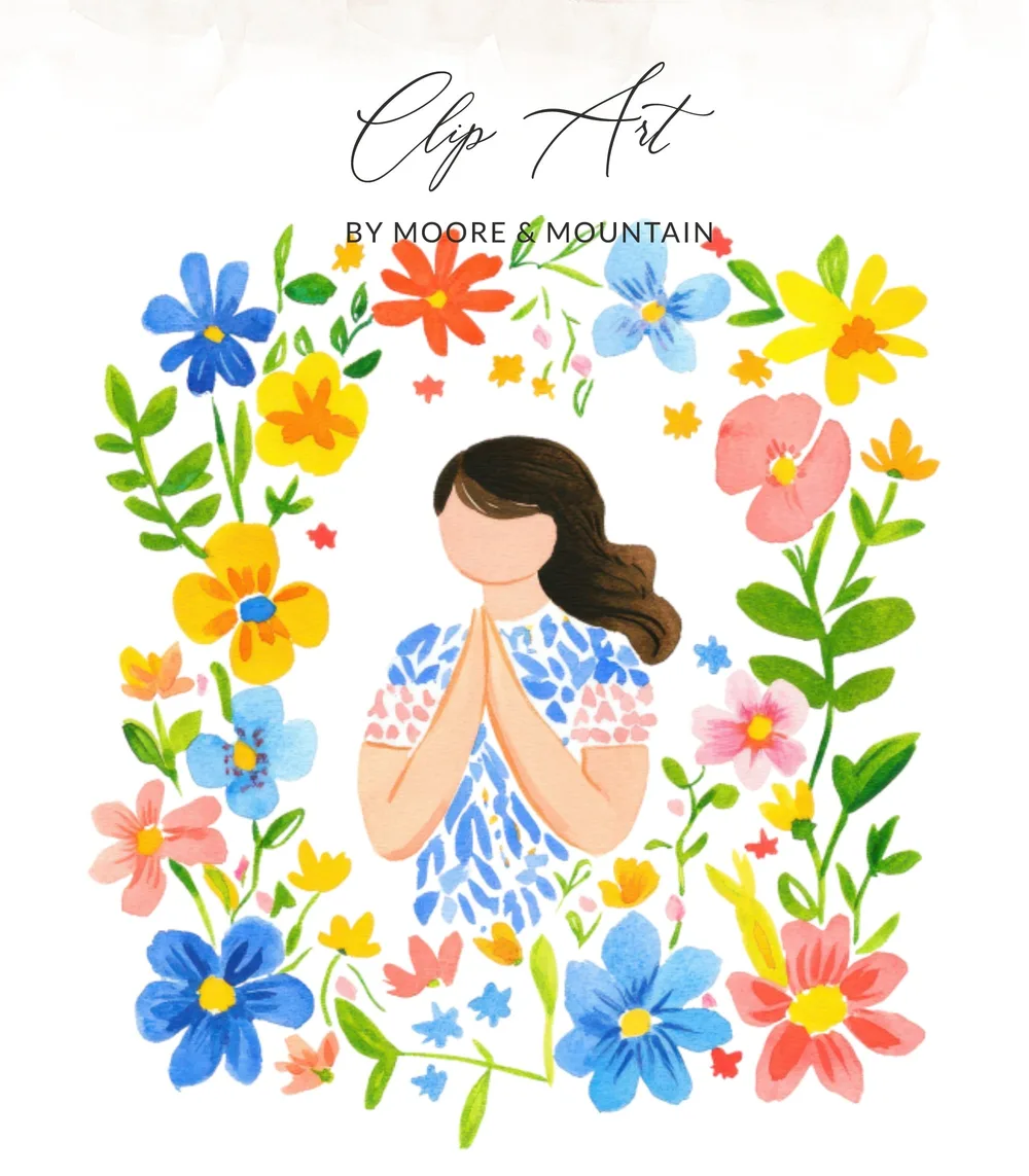 Illustration of a woman with hands pressed together surrounded by colorful flowers.