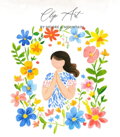 Preppy Painterly SVG PNG, Watercolor Gouache Woman Floral Wreath, Vibrant Artsy Girly Clipart, Trendy Pastel Graphic Art, Hand Illustrated