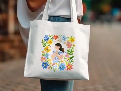 White tote bag with floral border framing a woman praying.