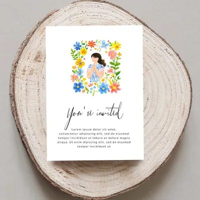 Invitation with watercolor illustration of a person holding hands, text says "You're invited".