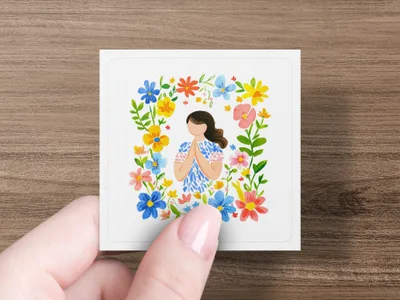 Woman with hands pressed together in floral frame.