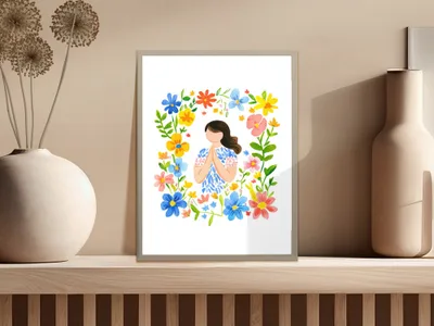 Illustration of a woman with hands clasped, surrounded by a colorful floral border.
