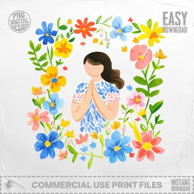 Woman in floral wreath with text "Easy Download" and "Commercial Use Print Files".
