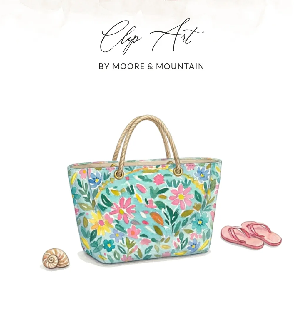 Floral beach bag with seashell and flip-flops, "Clip Art by Moore & Mountain" text.