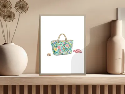Floral tote bag with pink flip-flops and a snail illustration.