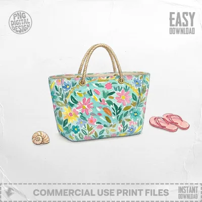 Teal tote bag with floral pattern and flip-flops.