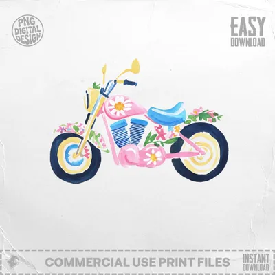 Pink motorcycle with floral decorations, side profile.