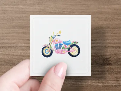 Watercolor illustration of a pink motorcycle adorned with flowers.