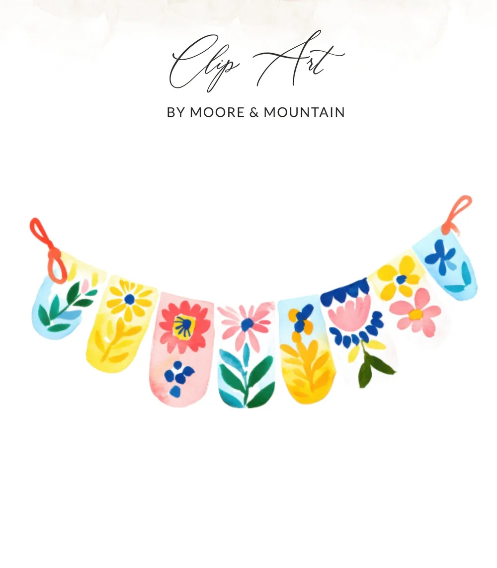 Watercolor floral bunting with decorative elements and "Clip Art by Moore & Mountain".