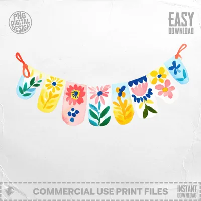 Watercolor banner with colorful floral and leaf shapes.