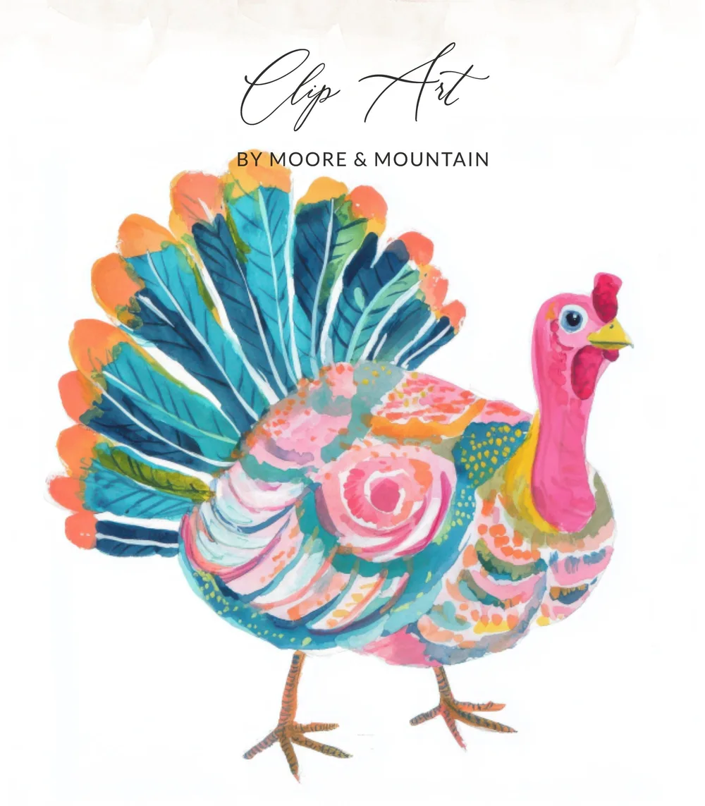 Watercolor turkey illustration with colorful feathers and text "Clip Art by Moore & Mountain".