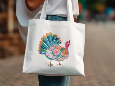 White tote bag with a colorful, stylized turkey illustration.