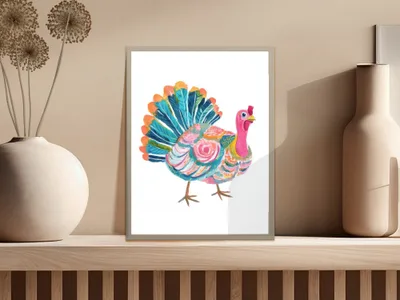 Watercolor turkey with colorful feathers in a framed illustration on a shelf.