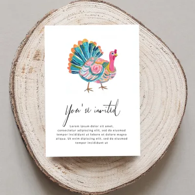 Watercolor turkey on an invitation with "You're invited" text.