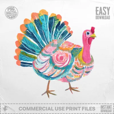 Watercolor illustration of a colorful turkey with spread tail feathers.