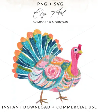 Watercolor illustration of a colorful turkey with "Clip Art" and "Instant Download" text.