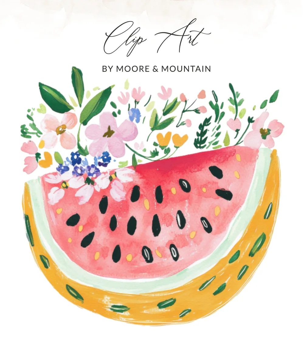 Watercolor watermelon slice with colorful flowers and text "Clip Art"