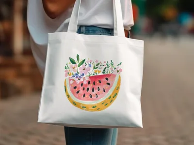 White tote bag with watercolor watermelon and floral illustration.