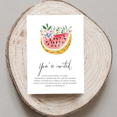 Invitation card with watermelon slice illustration and "You're invited" text.