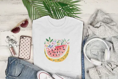 White t-shirt with a watercolor watermelon slice and flowers design.