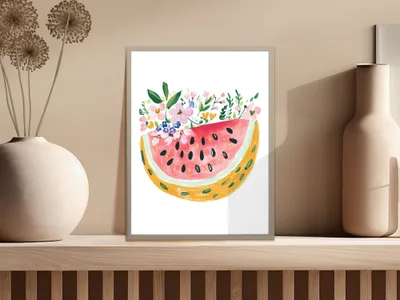 Watercolor painting of a watermelon slice with colorful flowers.