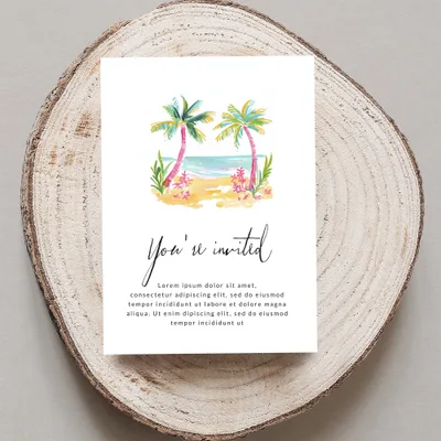 Invitation with palm trees on beach and placeholder text.