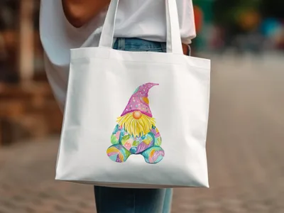 White tote bag with a colorful gnome illustration.